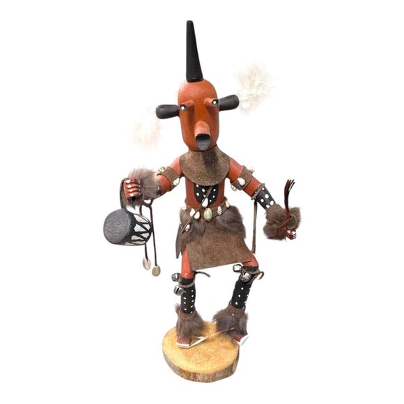 Vintage Mudhead Native American Kachina Doll  Feathers & Drum Signed Lang 16" - Picture 1 of 13